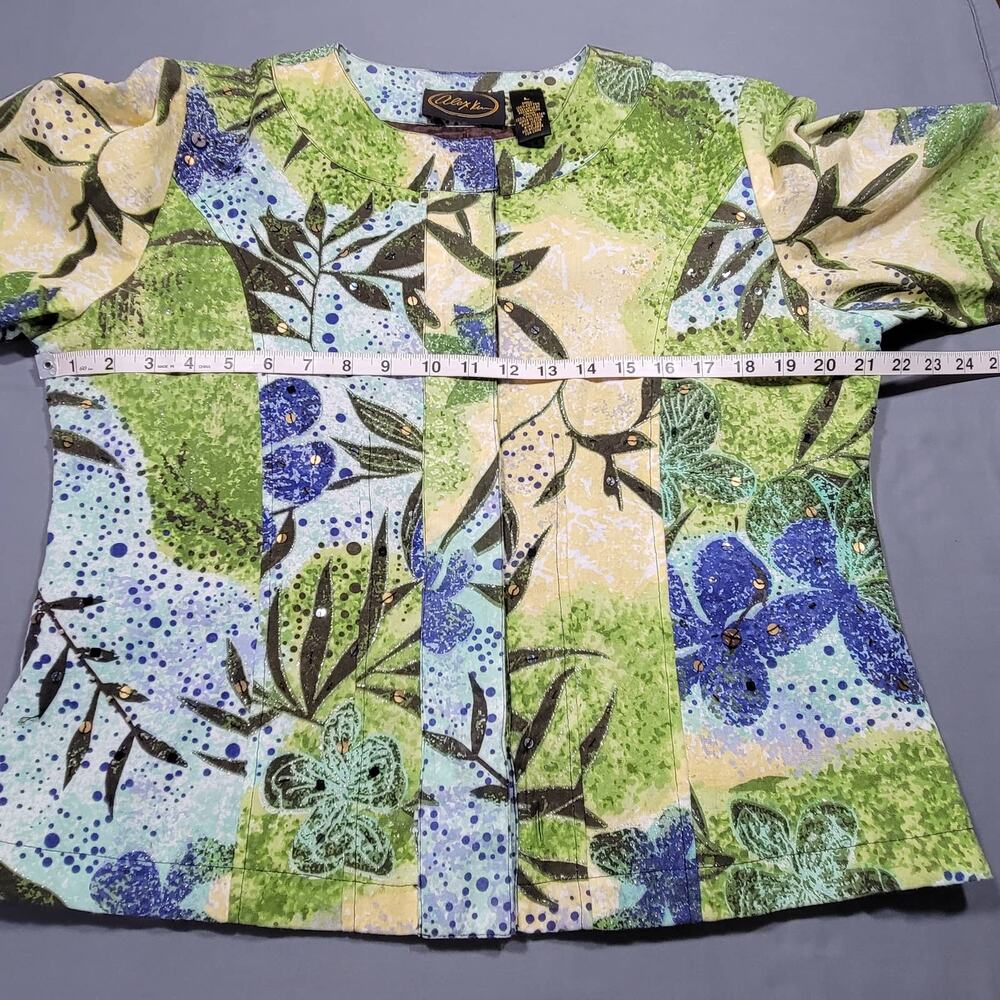 Alex Kim Blue Yellow Floral Lightweight Jacket Long Sleeve Sequins Snaps Women L - Picture 7 of 13